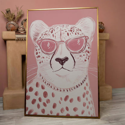 Cheetah in Pink Sunglasses Canvas in rose gold floating frame