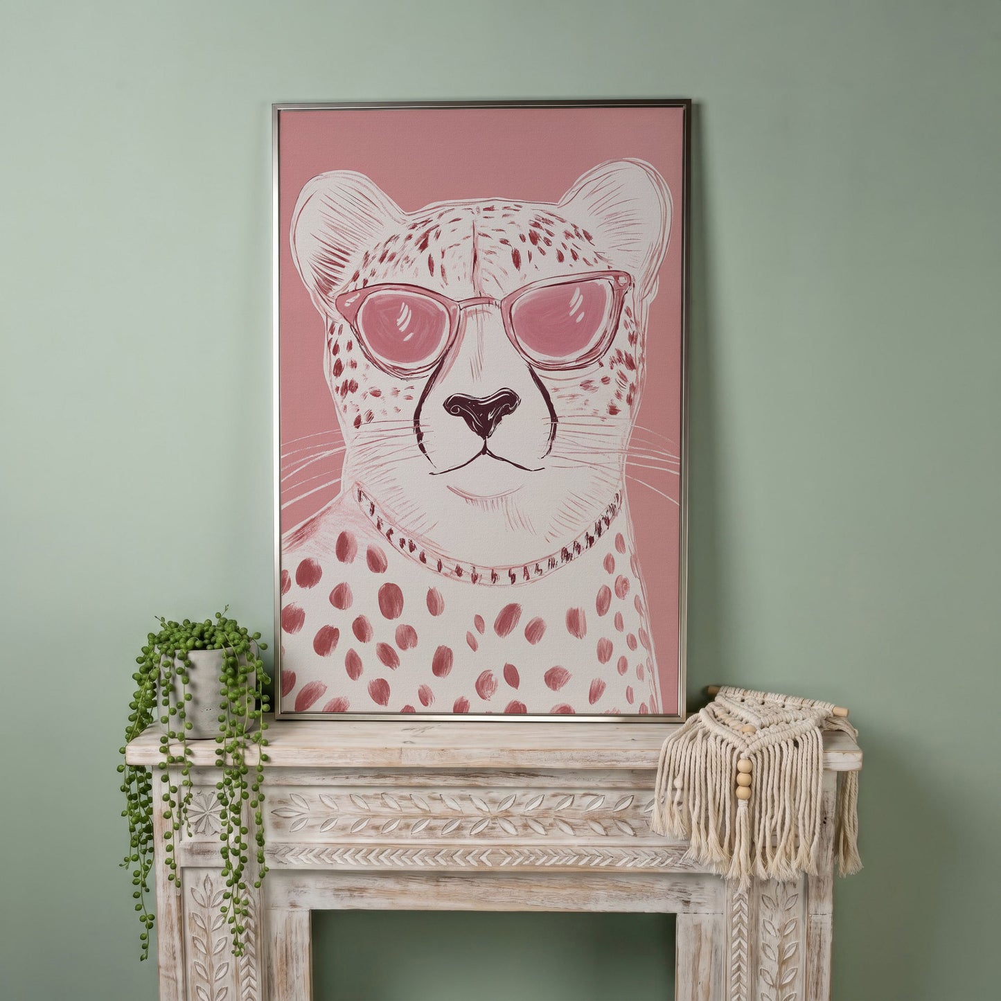 Cheetah in Pink Sunglasses Canvas in silver floating frame