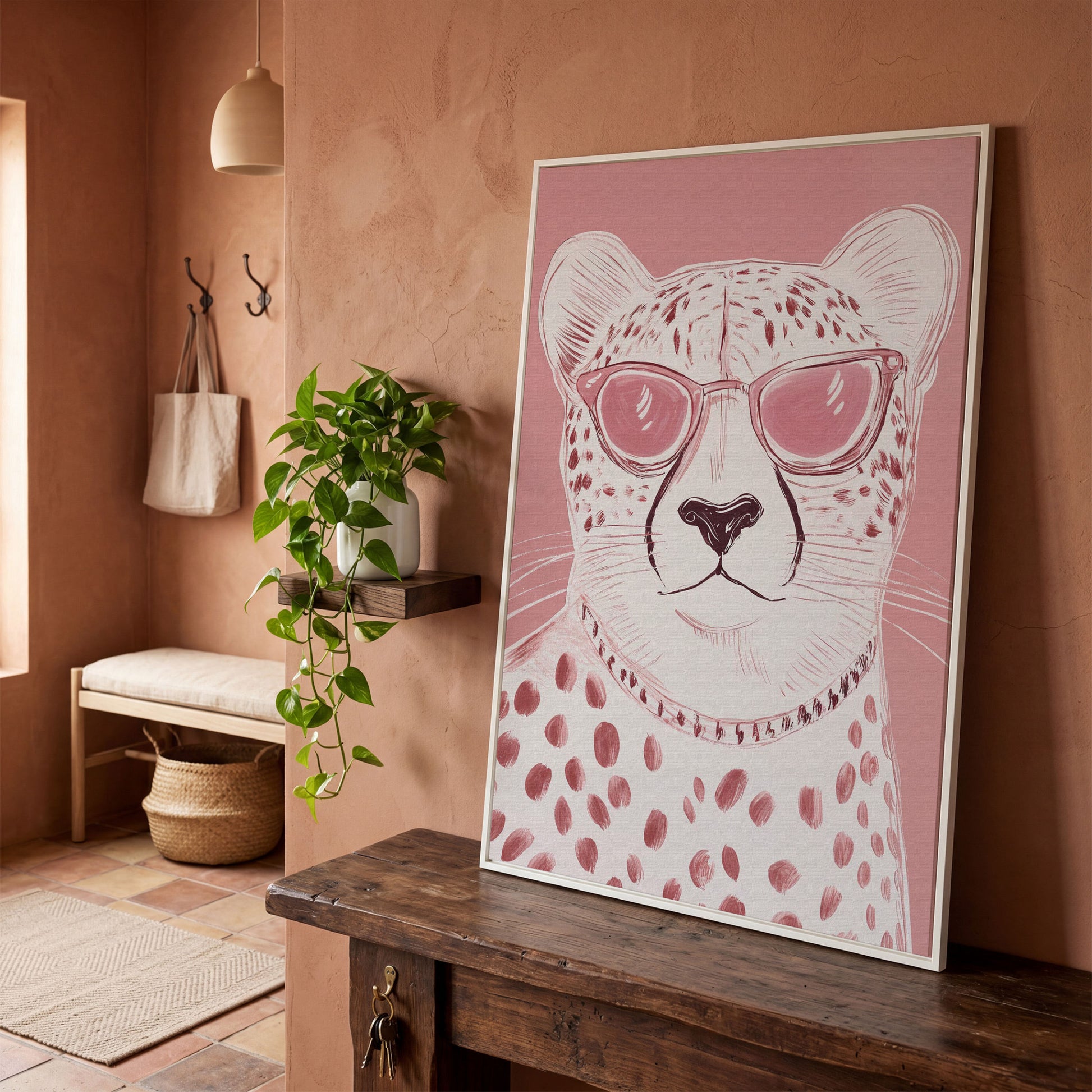 Cheetah in Pink Sunglasses Canvas in white floating frame