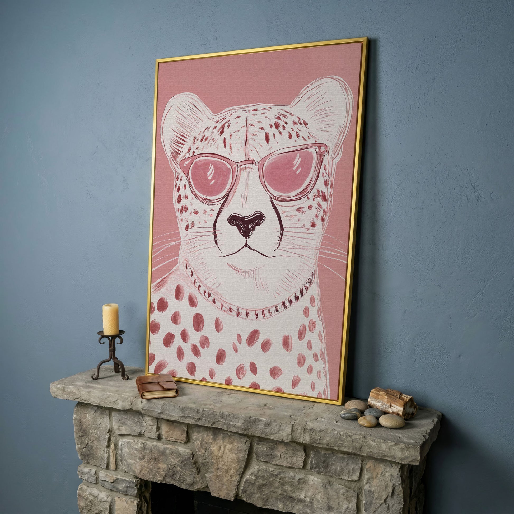 Cheetah in Pink Sunglasses Canvas in yellow gold floating frame