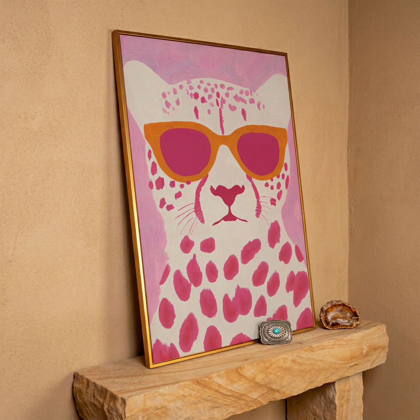 Quirky Cheetah in Sunglasses Canvas Print in antique gold floating frame
