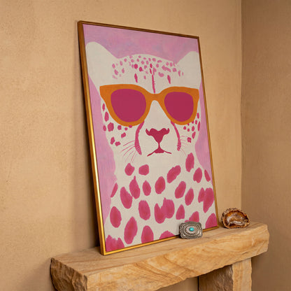 Quirky Cheetah in Sunglasses Canvas Print in antique gold floating frame