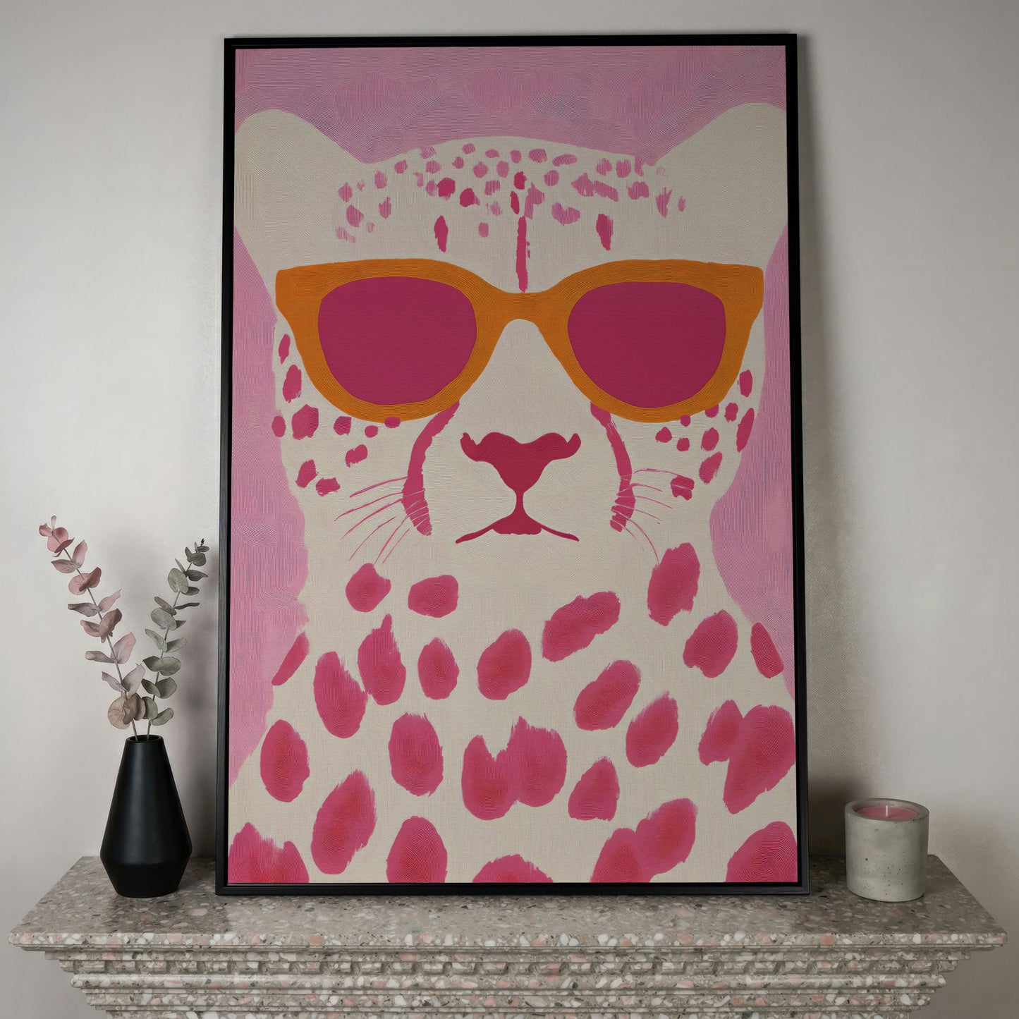 Quirky Cheetah in Sunglasses Canvas Print in black floating frame
