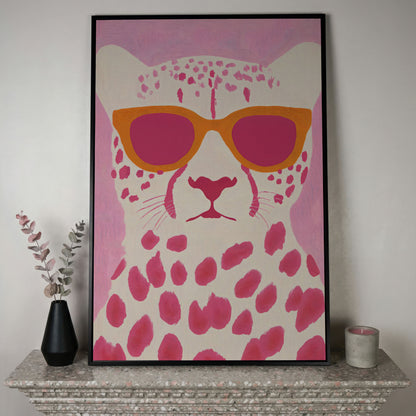 Quirky Cheetah in Sunglasses Canvas Print in black floating frame