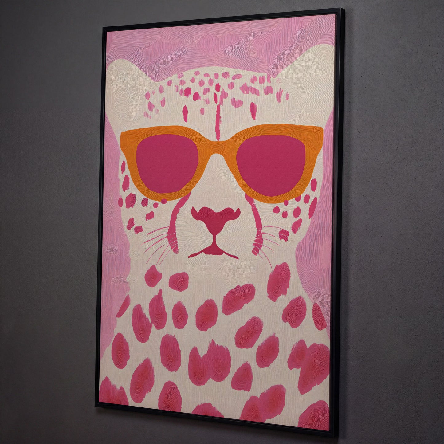 Quirky Cheetah in Sunglasses Canvas Print shown in black floating frame