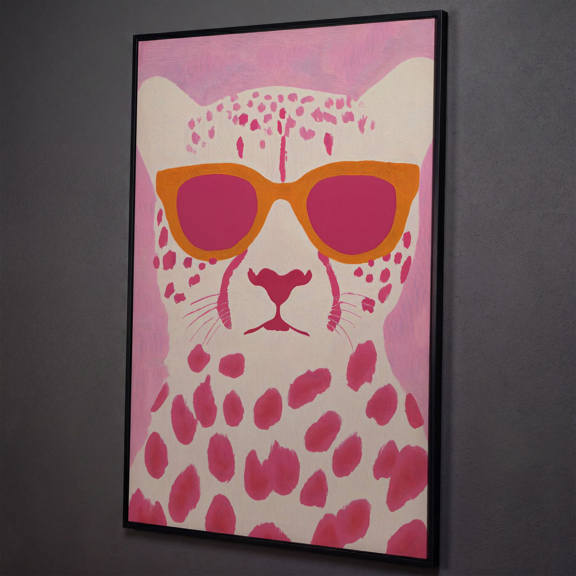Quirky Cheetah in Sunglasses Canvas Print shown in black floating frame