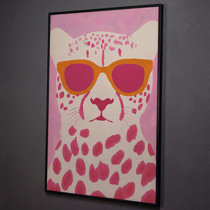 Quirky Cheetah in Sunglasses Canvas Print shown in black floating frame