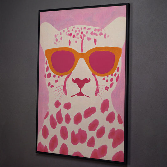 Quirky Cheetah in Sunglasses Canvas Print shown in black floating frame