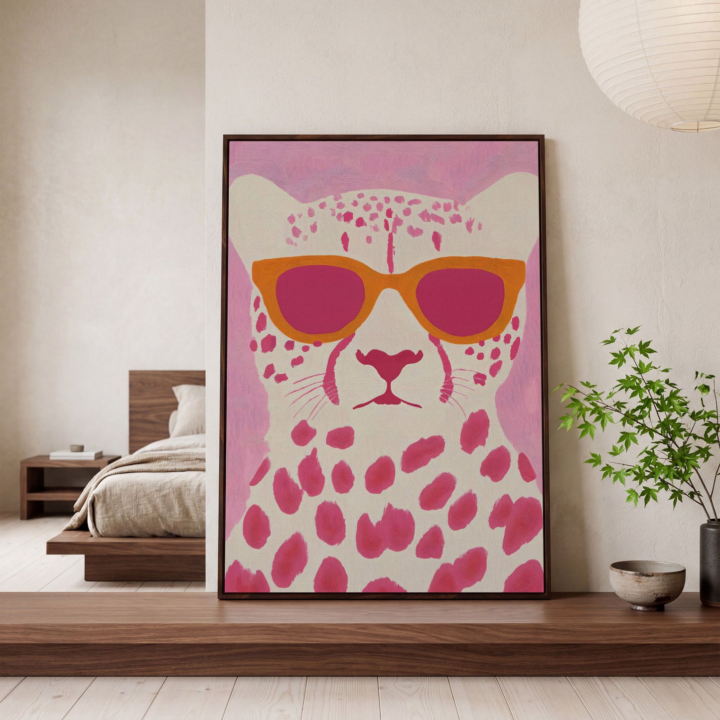 Quirky Cheetah in Sunglasses Canvas Print in dark walnut floating frame