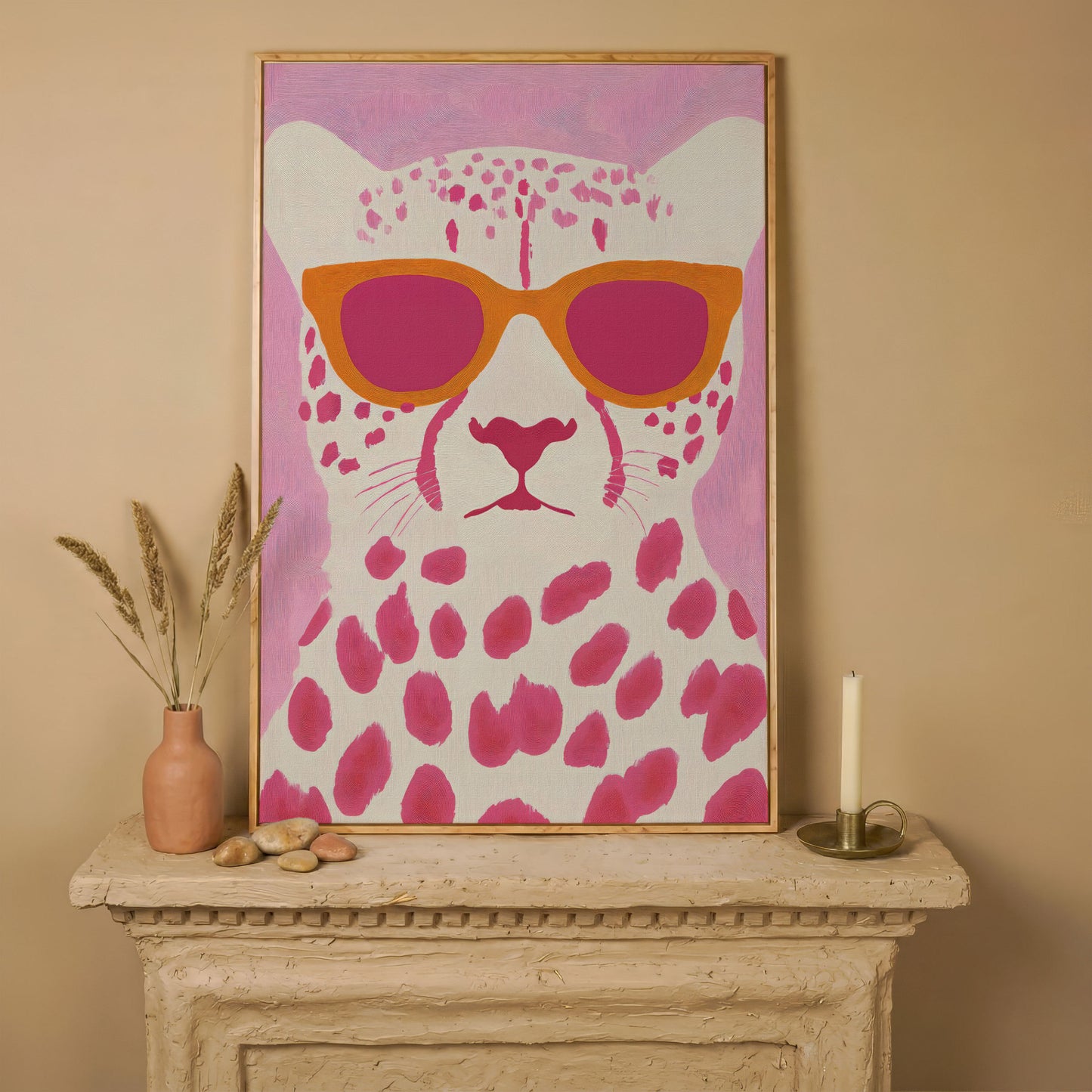 Quirky Cheetah in Sunglasses Canvas Print in white oak floating frame