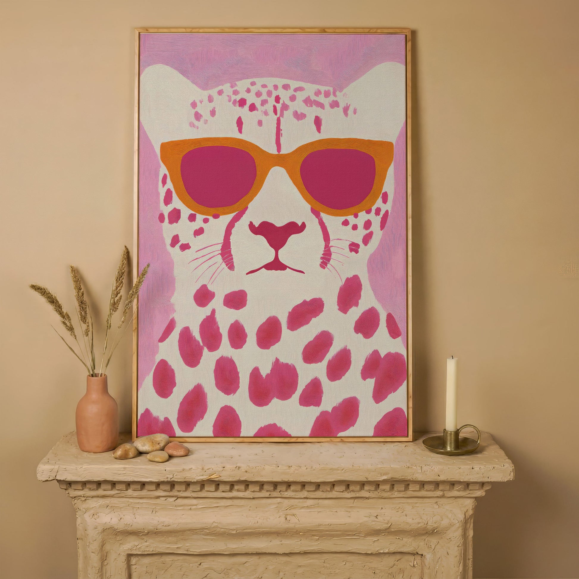 Quirky Cheetah in Sunglasses Canvas Print in white oak floating frame