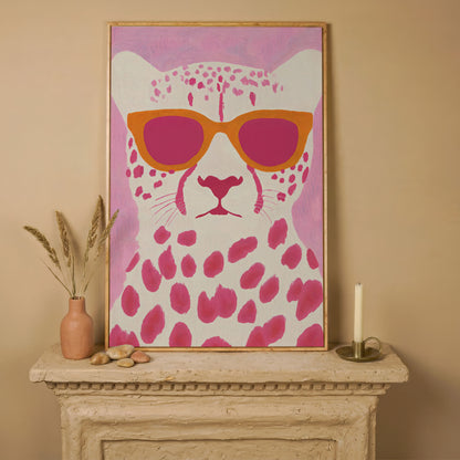 Quirky Cheetah in Sunglasses Canvas Print in white oak floating frame