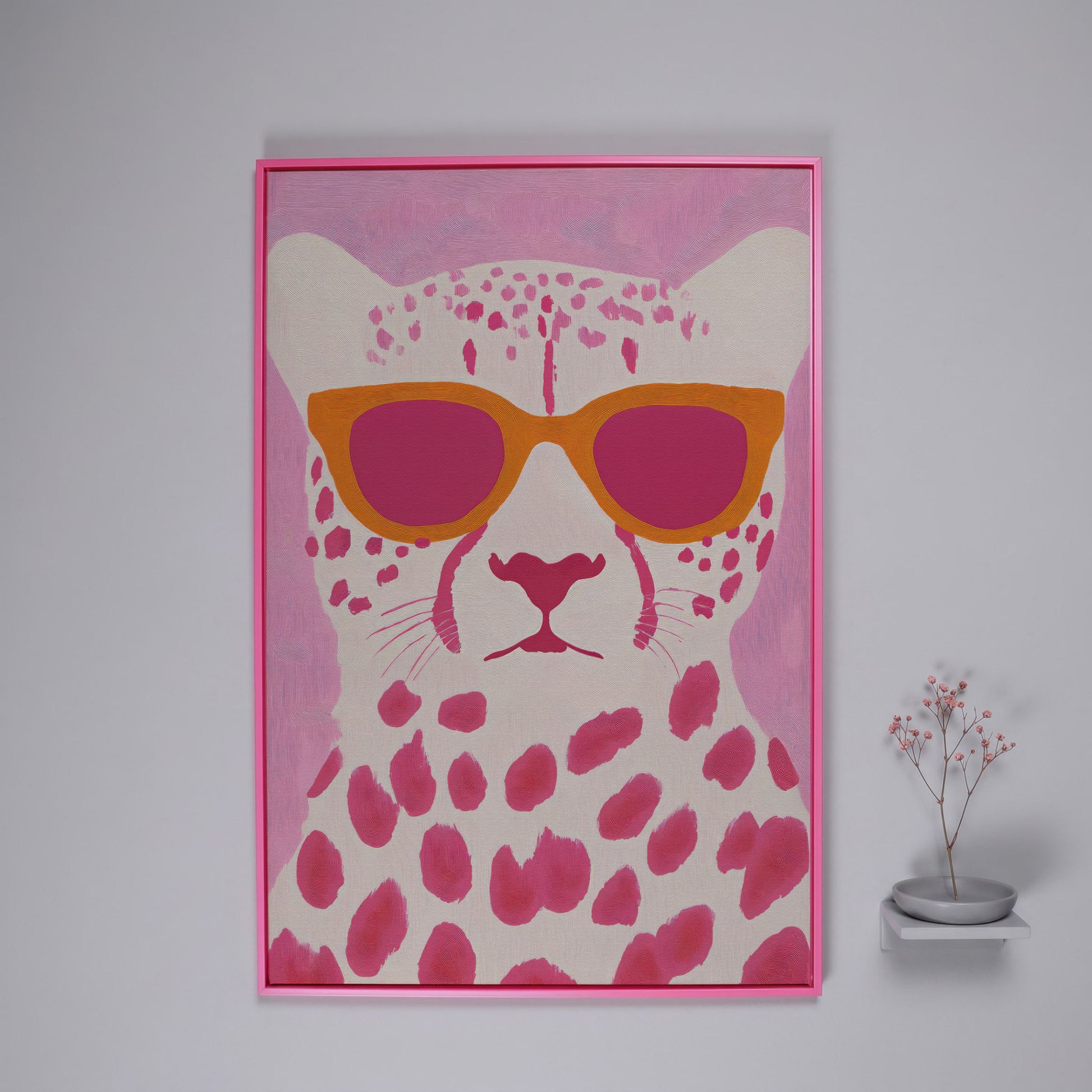 Quirky Cheetah in Sunglasses Canvas Print in pink floating frame