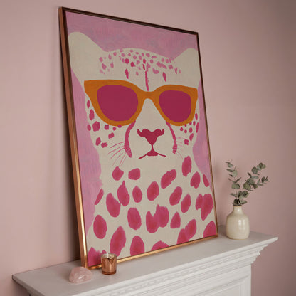 Quirky Cheetah in Sunglasses Canvas Print in rose gold floating frame