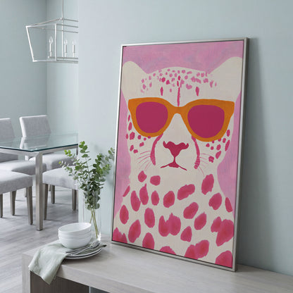 Quirky Cheetah in Sunglasses Canvas Print in silver floating frame