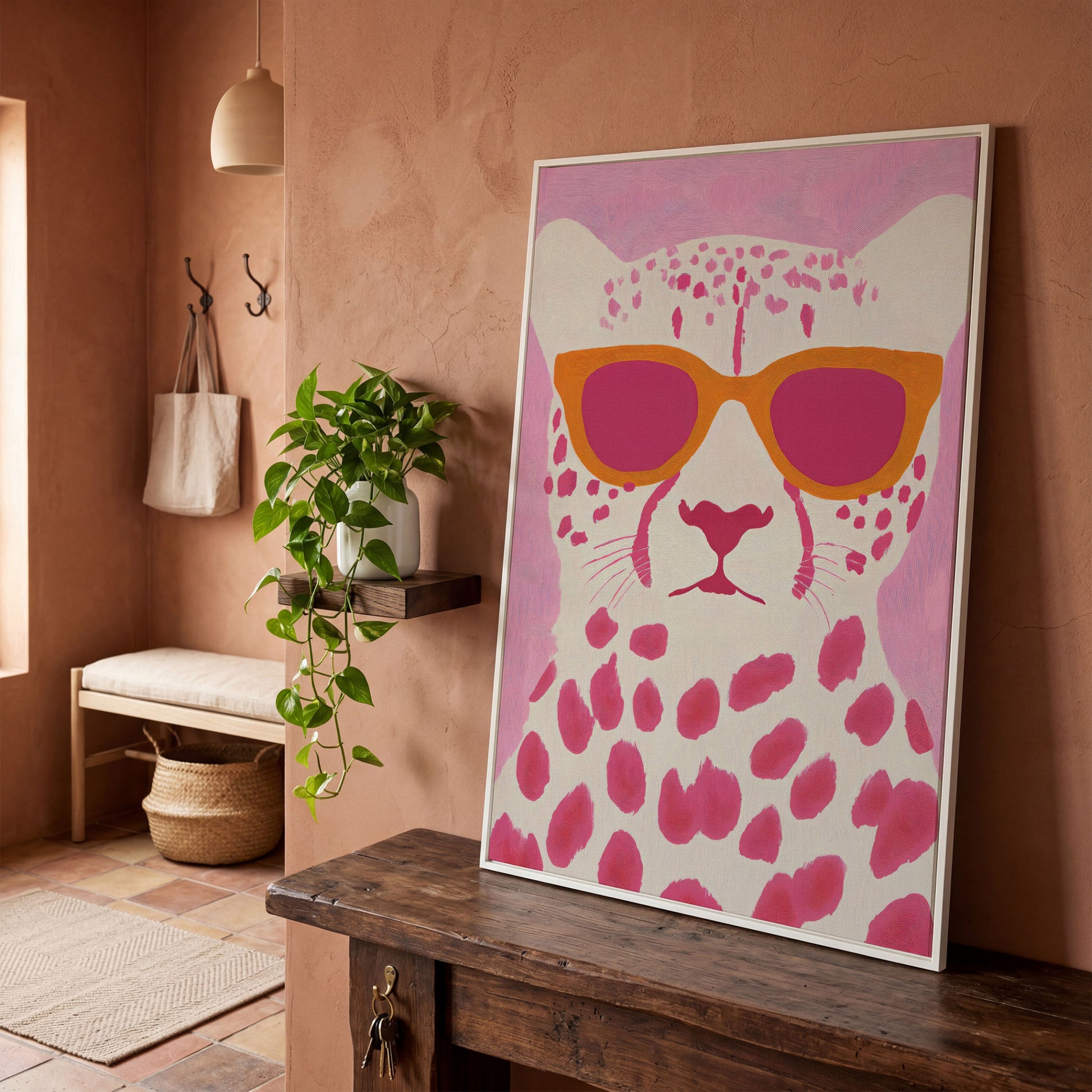 Quirky Cheetah in Sunglasses Canvas Print in white floating frame