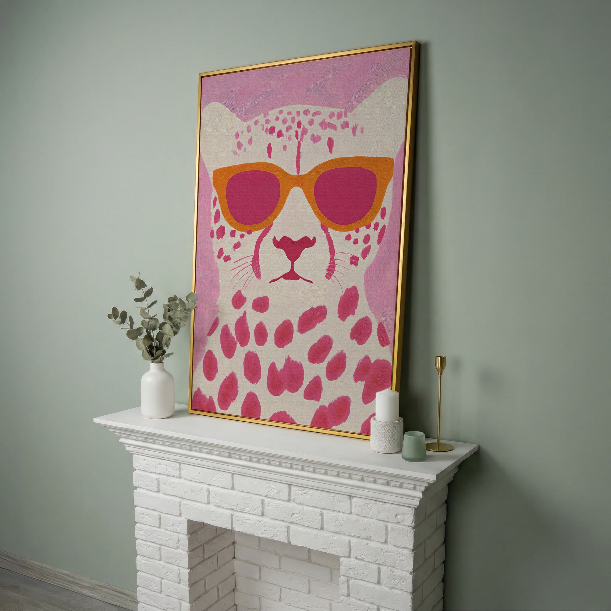 Quirky Cheetah in Sunglasses Canvas Print in yellow gold floating frame