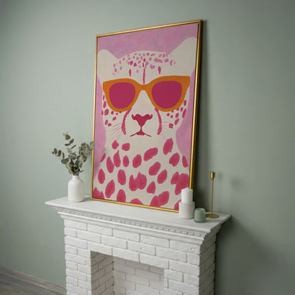Quirky Cheetah in Sunglasses Canvas Print in yellow gold floating frame