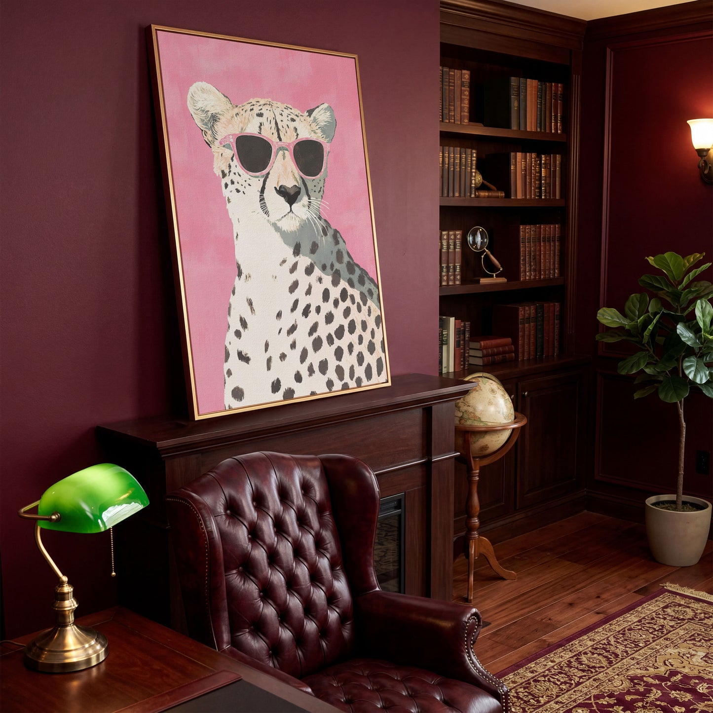 Pink Cheetah with Sunglasses Canvas Print in antique gold floating frame