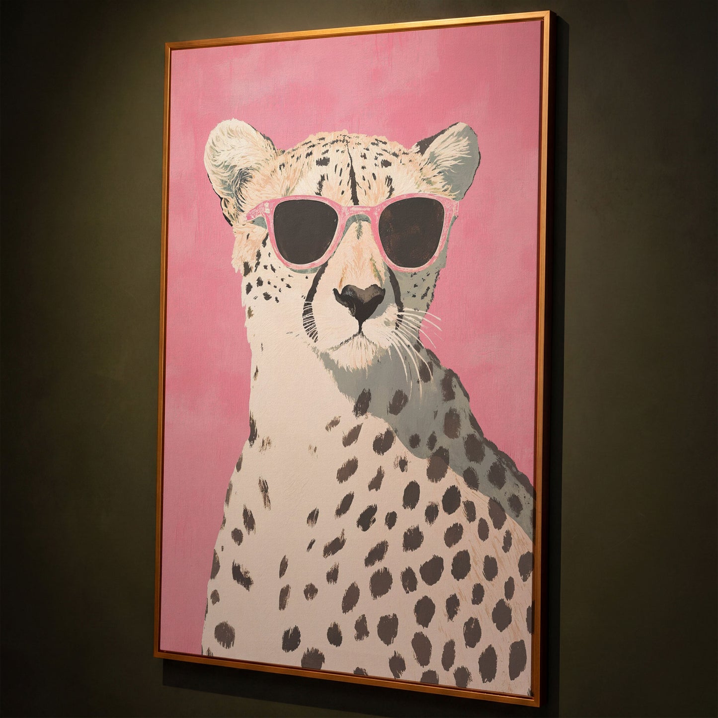 Pink Cheetah with Sunglasses Canvas Print shown in antique gold floating frame