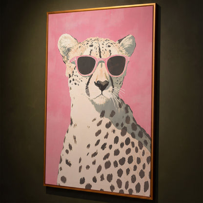 Pink Cheetah with Sunglasses Canvas Print shown in antique gold floating frame