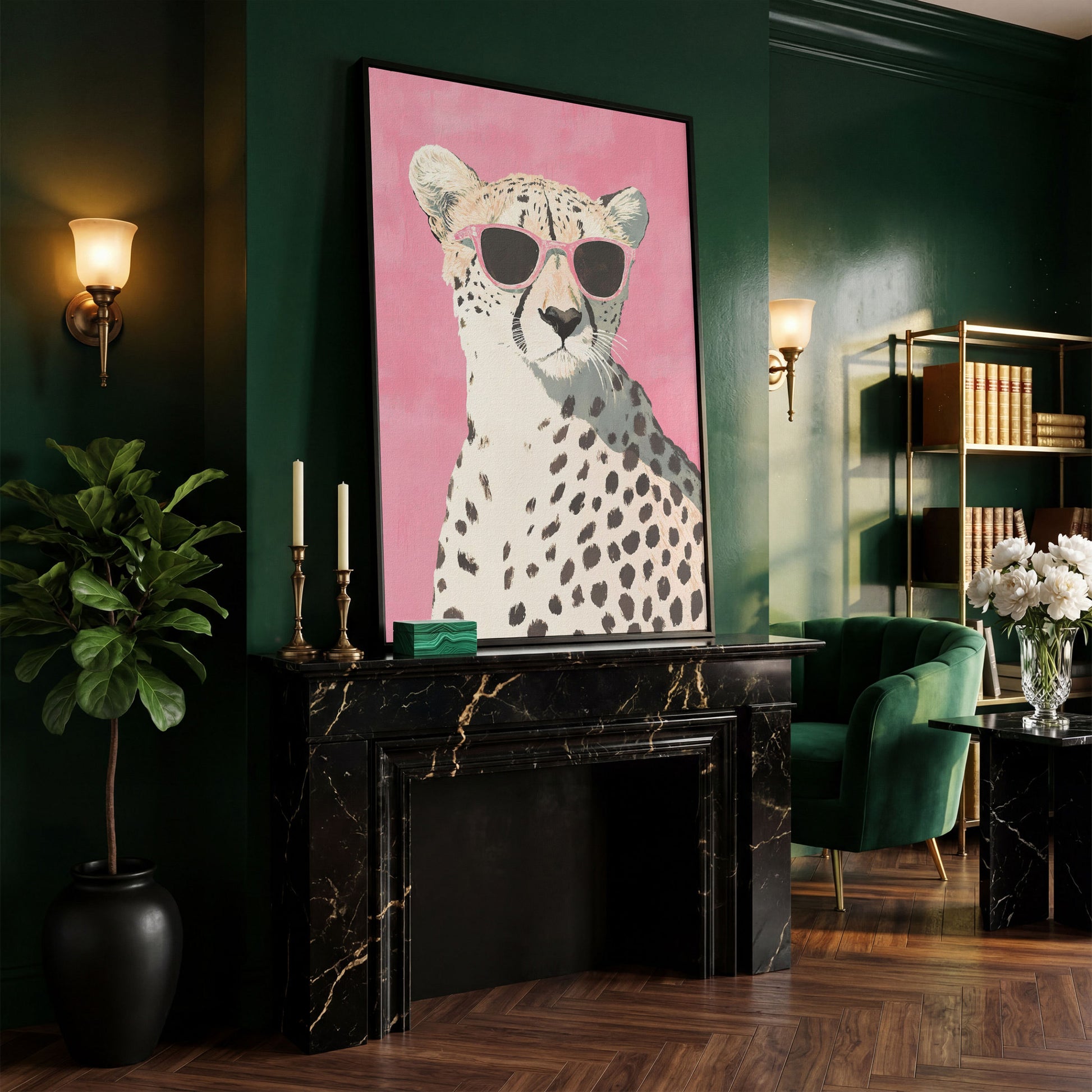 Pink Cheetah with Sunglasses Canvas Print in black floating frame