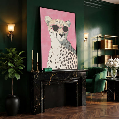 Pink Cheetah with Sunglasses Canvas Print in black floating frame
