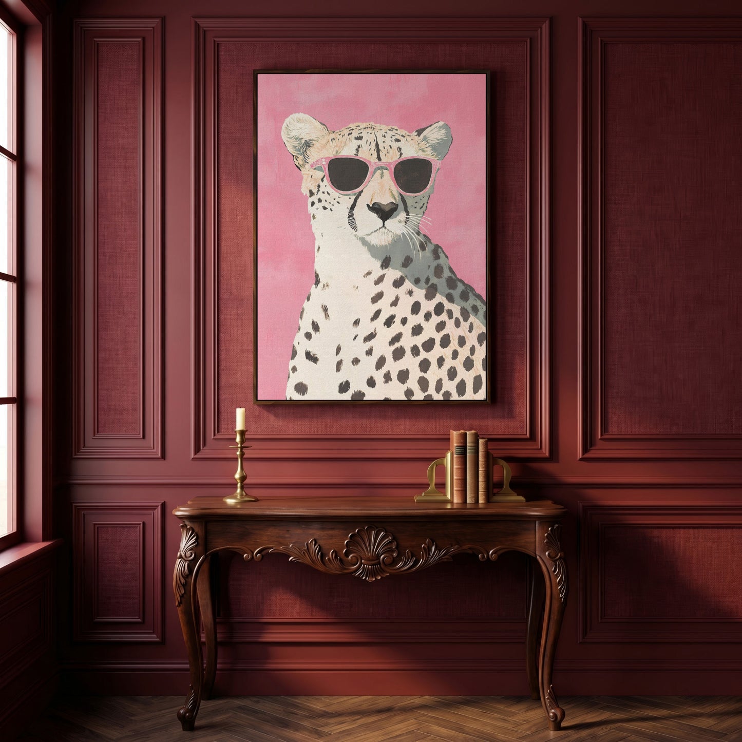 Pink Cheetah with Sunglasses Canvas Print in dark walnut floating frame