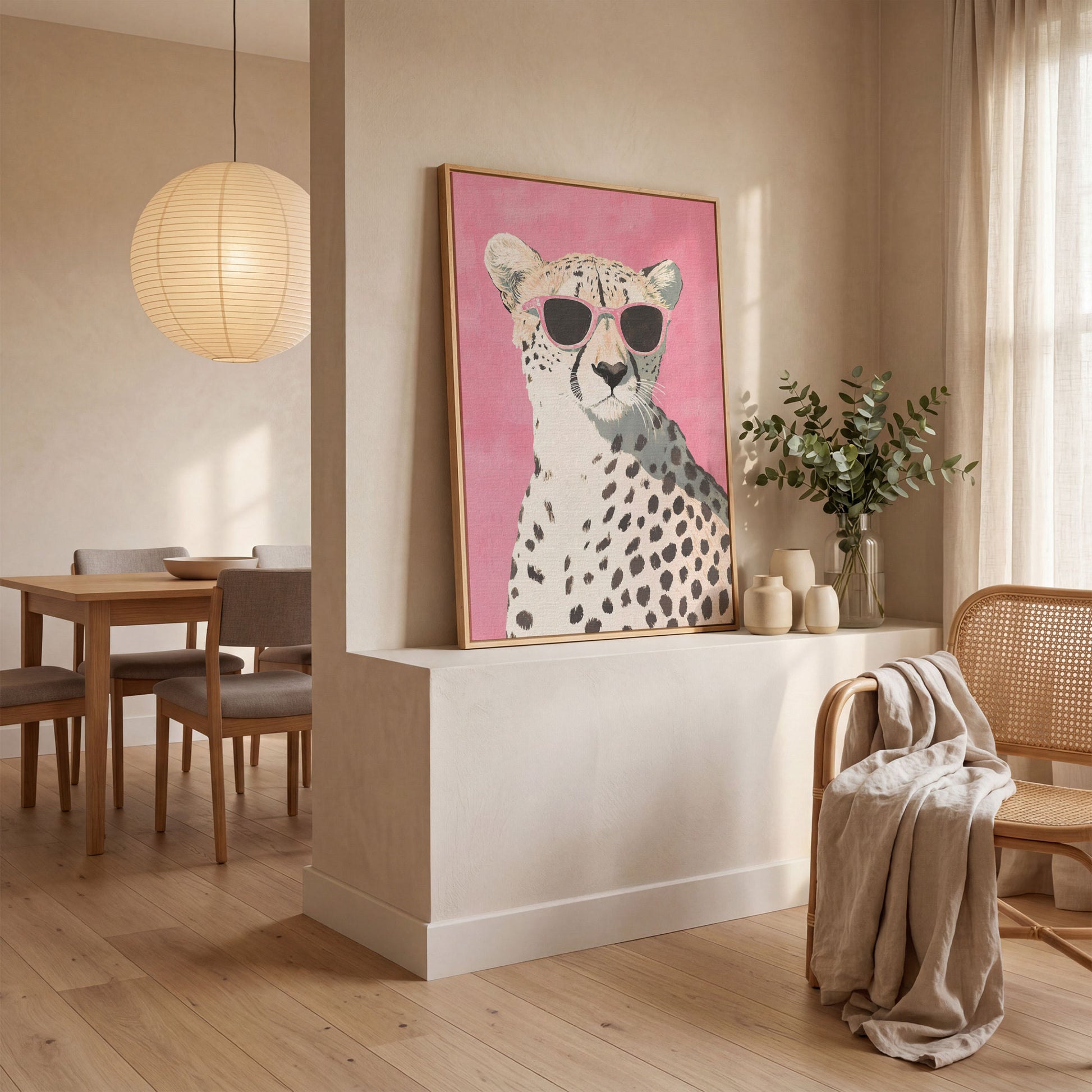 Pink Cheetah with Sunglasses Canvas Print in white oak floating frame