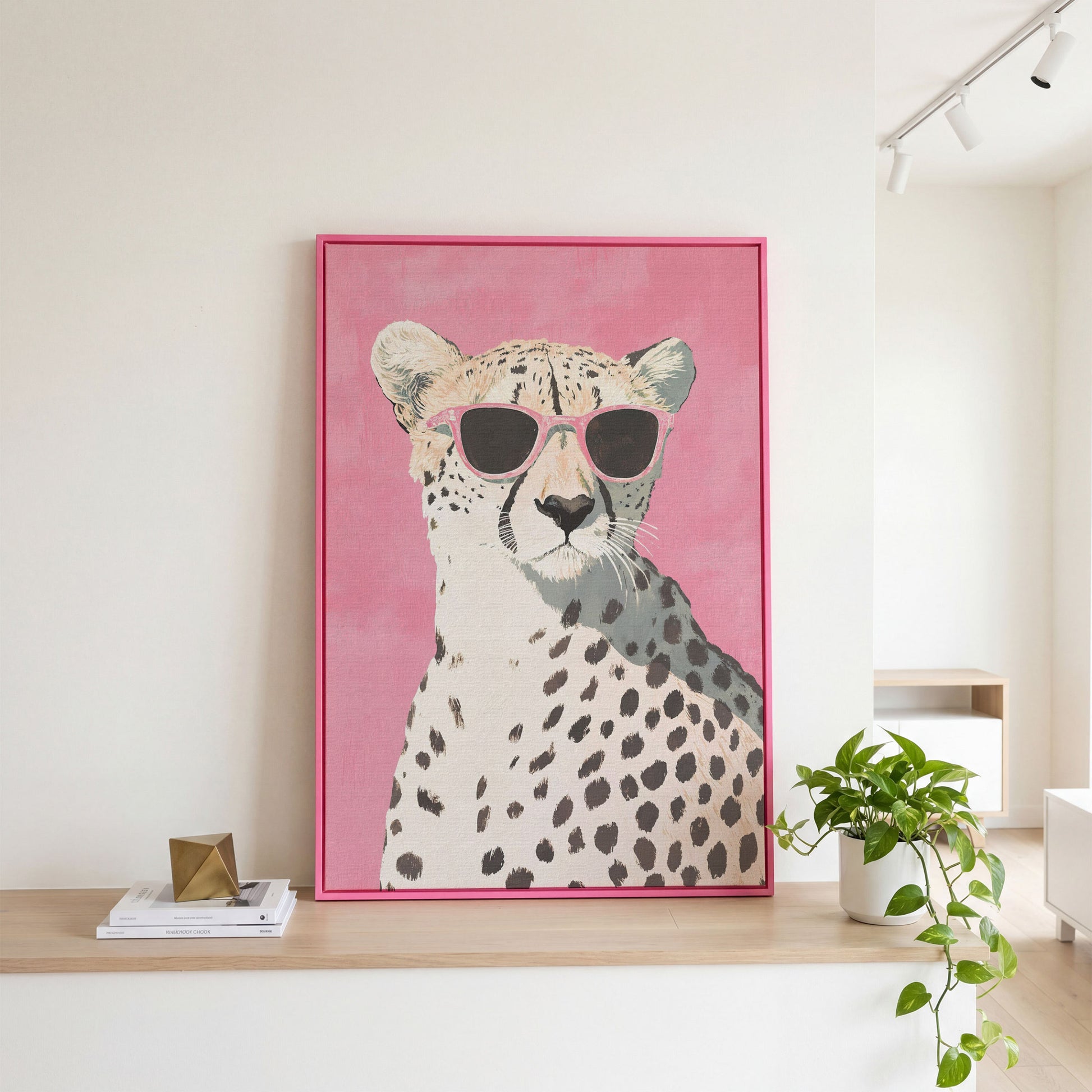 Pink Cheetah with Sunglasses Canvas Print in pink floating frame