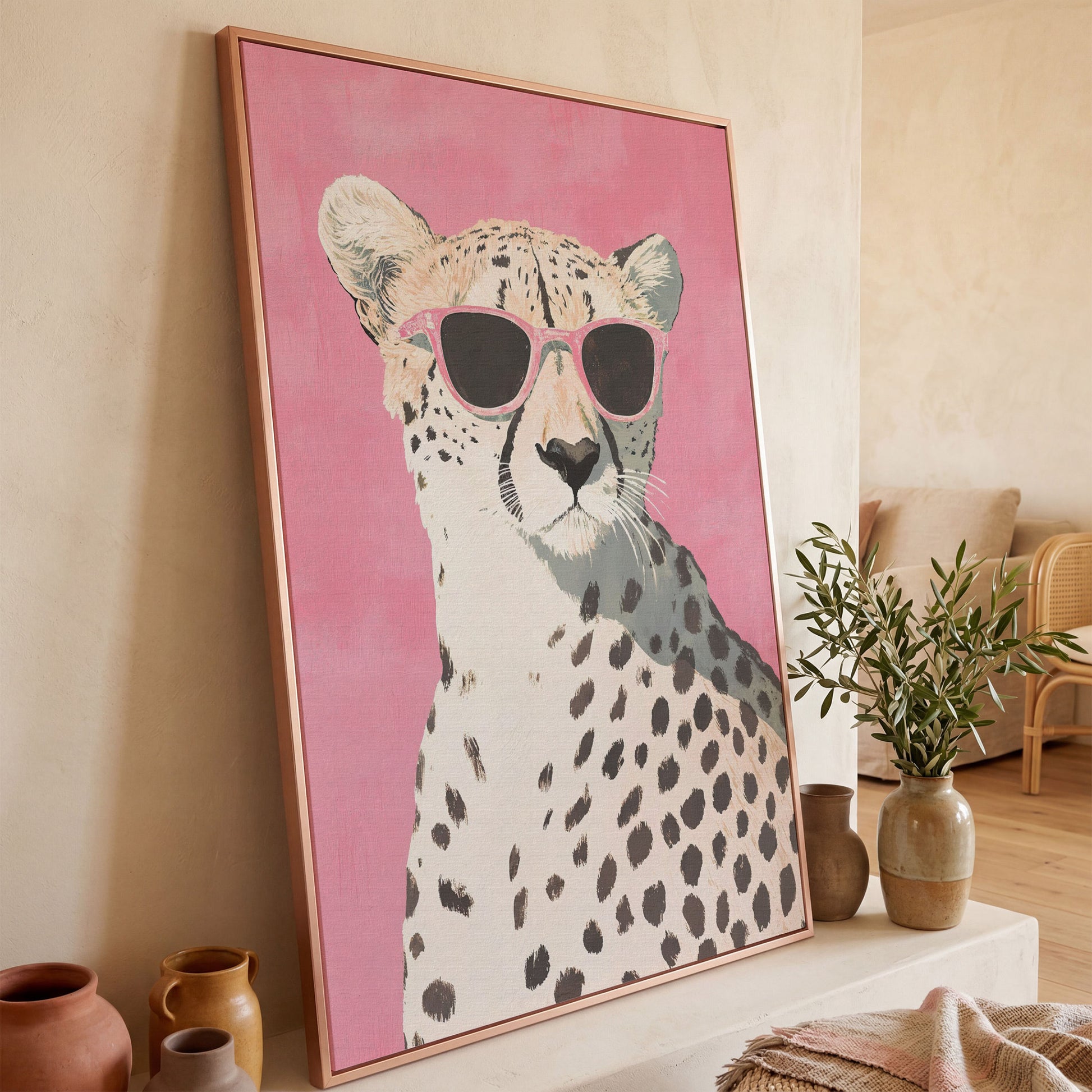 Pink Cheetah with Sunglasses Canvas Print in rose gold floating frame