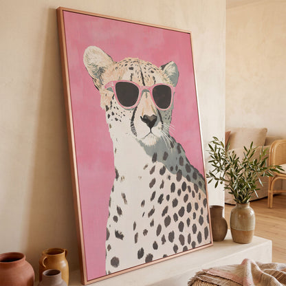 Pink Cheetah with Sunglasses Canvas Print in rose gold floating frame
