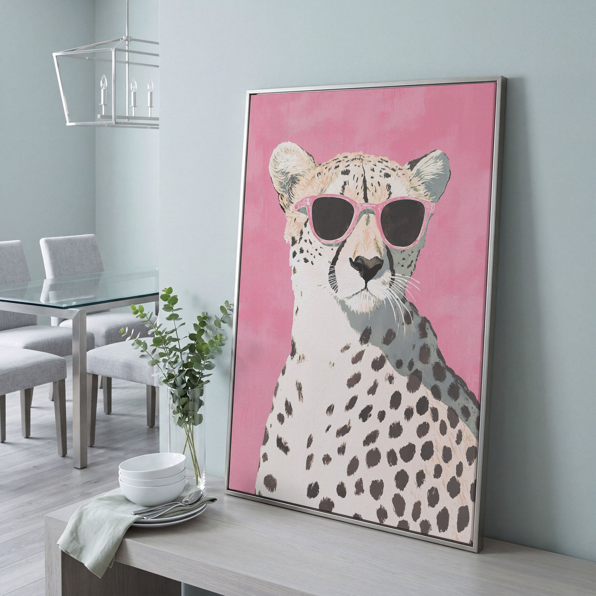 Pink Cheetah with Sunglasses Canvas Print in silver floating frame
