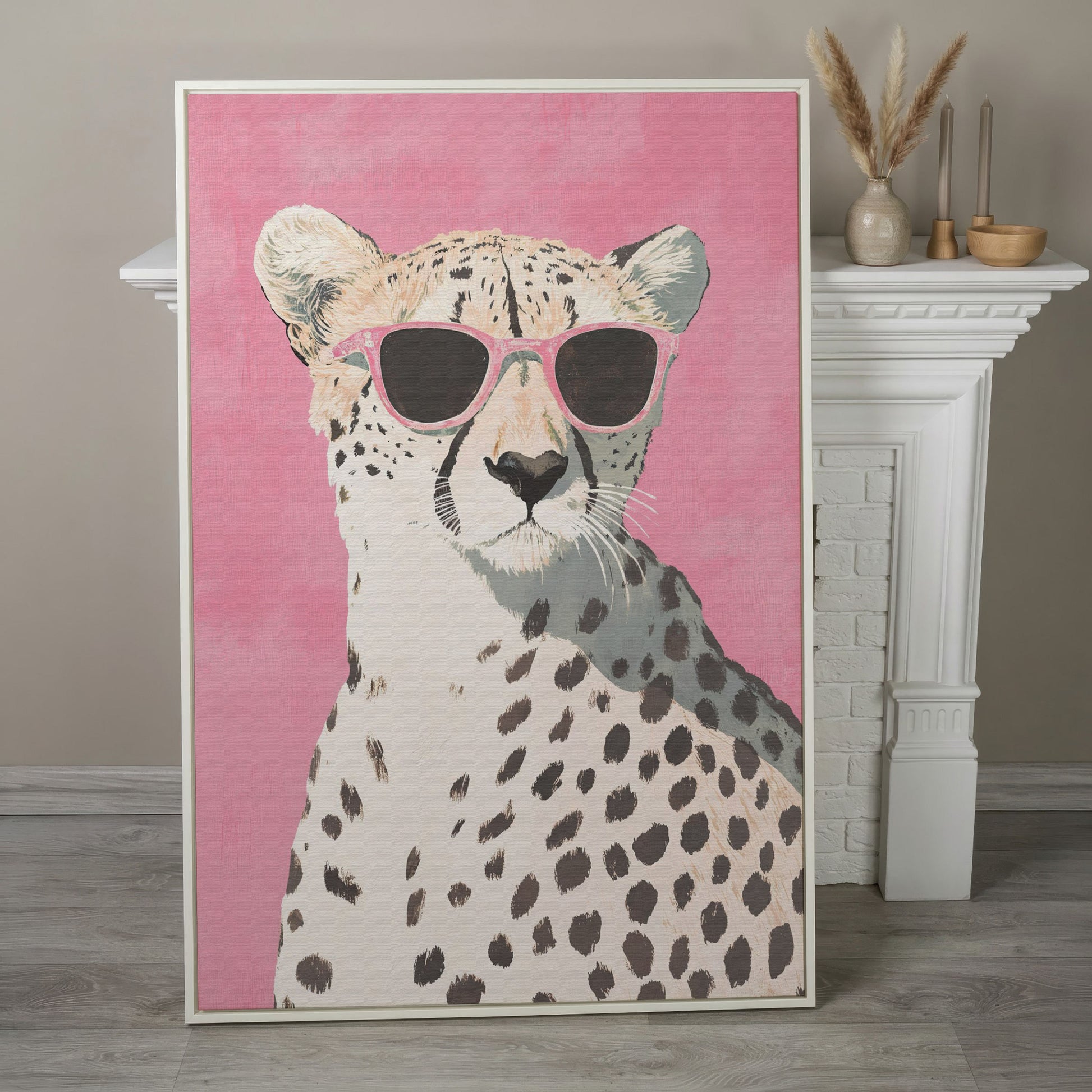Pink Cheetah with Sunglasses Canvas Print in white floating frame