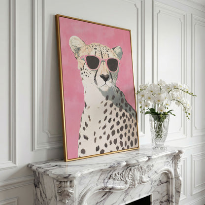 Pink Cheetah with Sunglasses Canvas Print in yellow gold floating frame