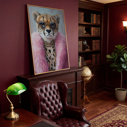 Leopard in Pink Coat Canvas Art in antique gold floating frame