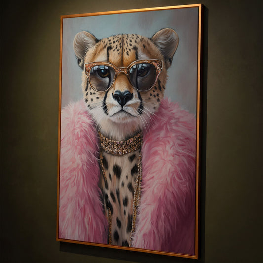 Leopard in Pink Coat Canvas Art shown in antique gold floating frame
