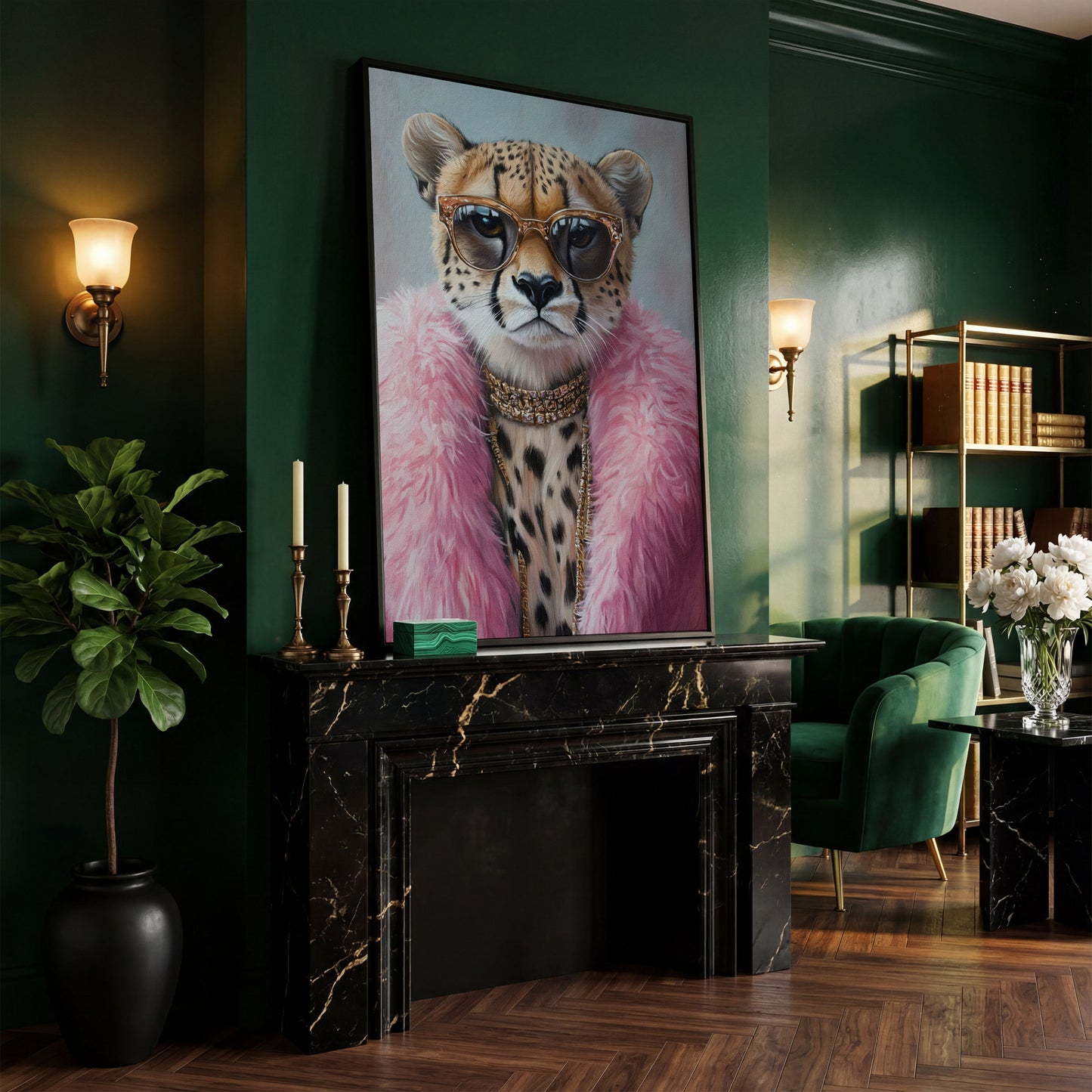 Leopard in Pink Coat Canvas Art in black floating frame