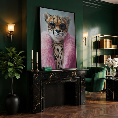 Leopard in Pink Coat Canvas Art in black floating frame