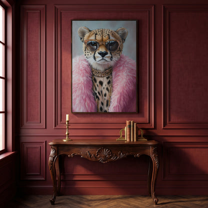 Leopard in Pink Coat Canvas Art in dark walnut floating frame