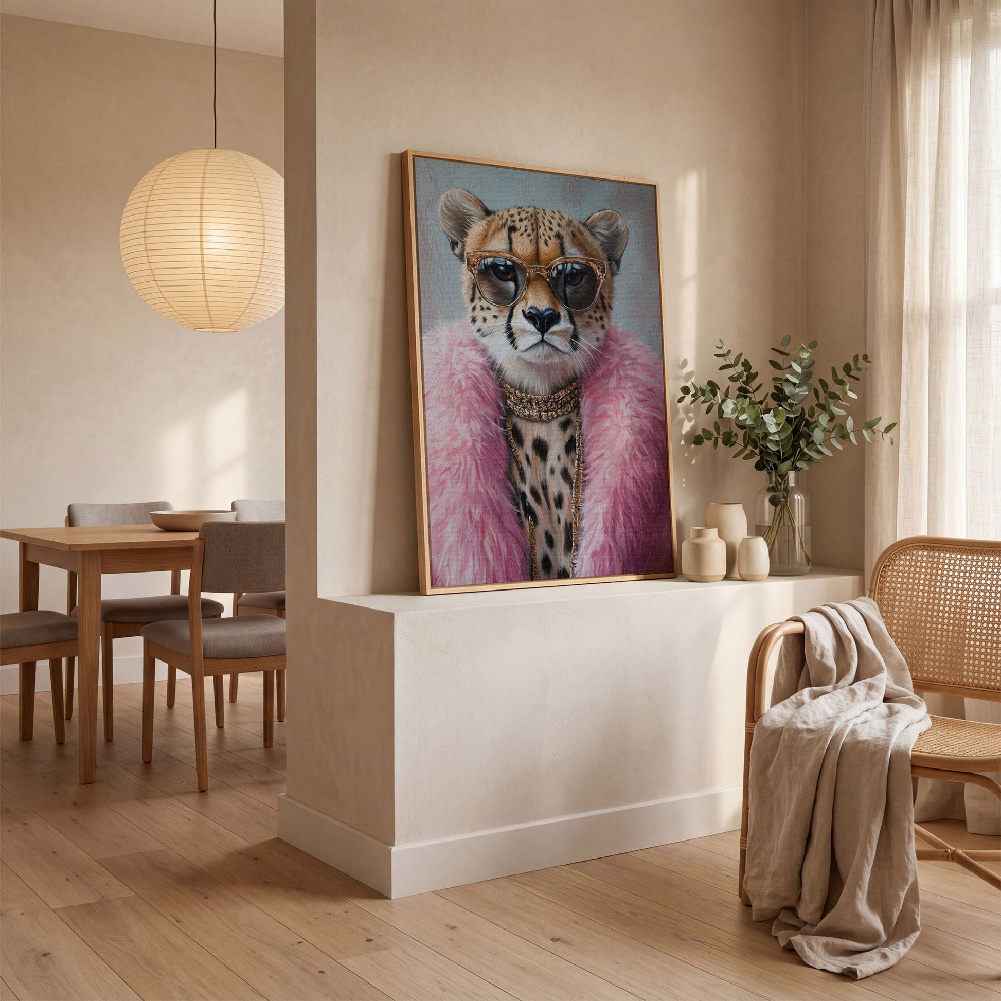 Leopard in Pink Coat Canvas Art in white oak floating frame
