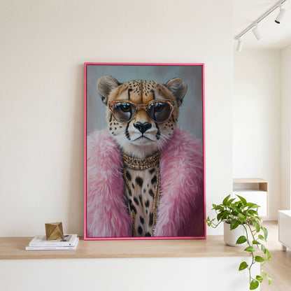 Leopard in Pink Coat Canvas Art in pink floating frame