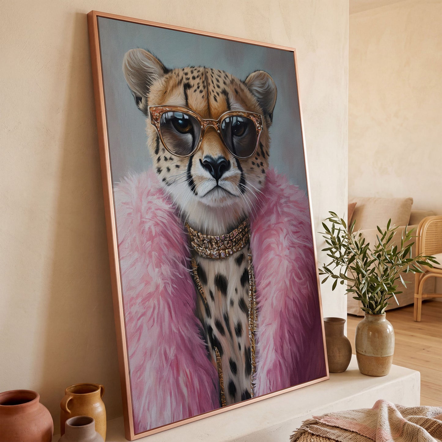 Leopard in Pink Coat Canvas Art in rose gold floating frame