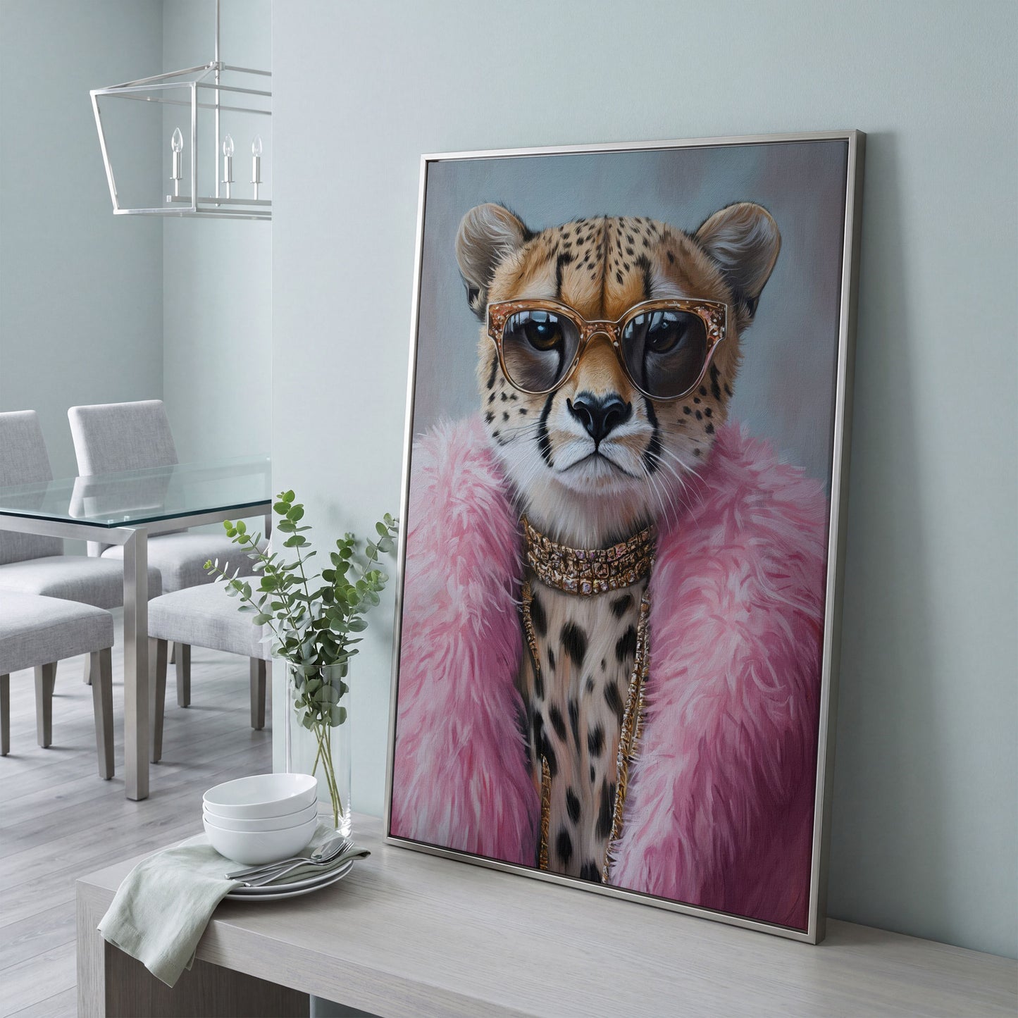 Leopard in Pink Coat Canvas Art in silver floating frame