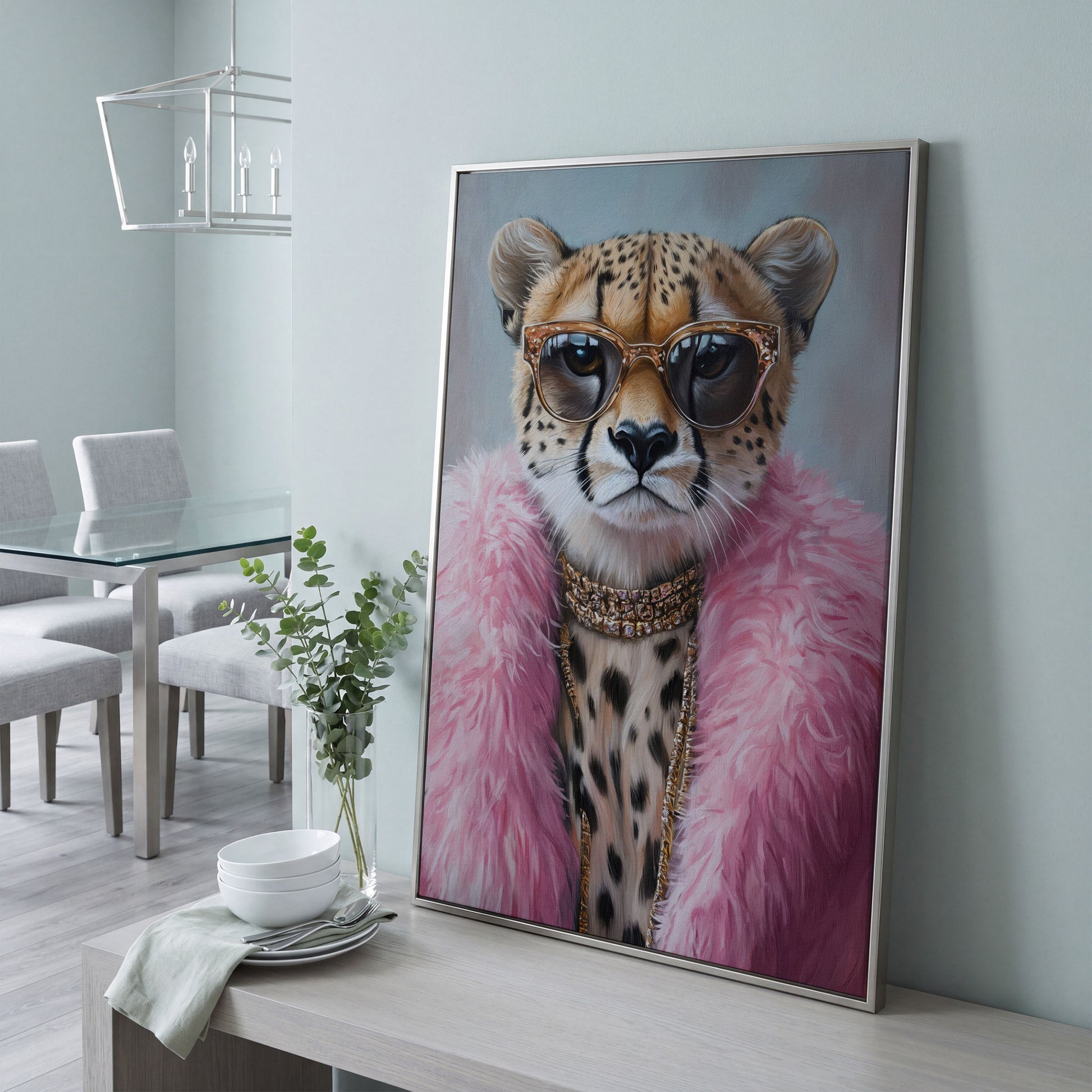 Leopard in Pink Coat Canvas Art in silver floating frame