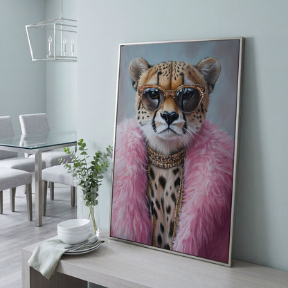 Leopard in Pink Coat Canvas Art in silver floating frame