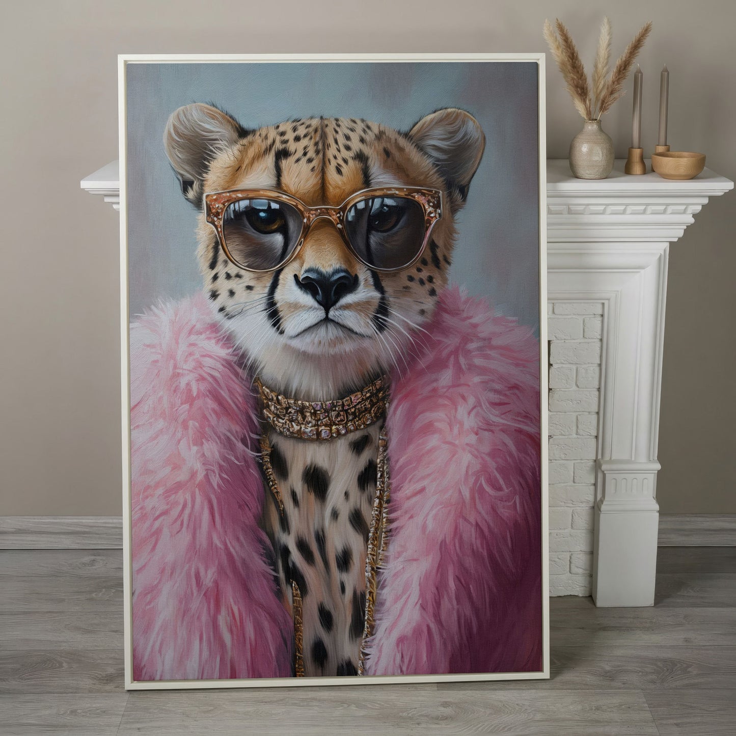 Leopard in Pink Coat Canvas Art in white floating frame