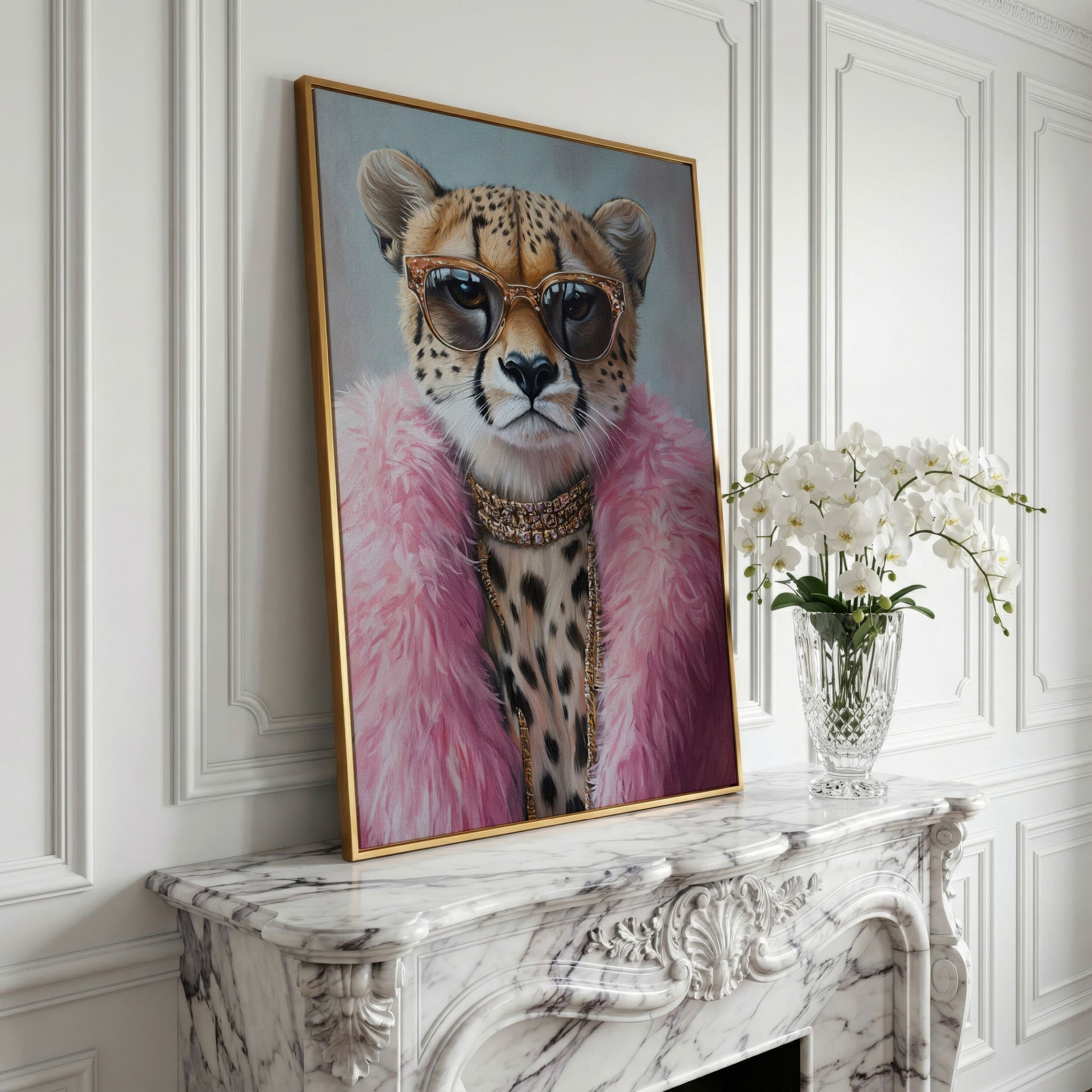 Leopard in Pink Coat Canvas Art in yellow gold floating frame