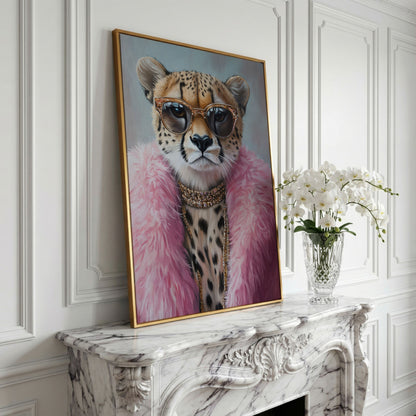 Leopard in Pink Coat Canvas Art in yellow gold floating frame