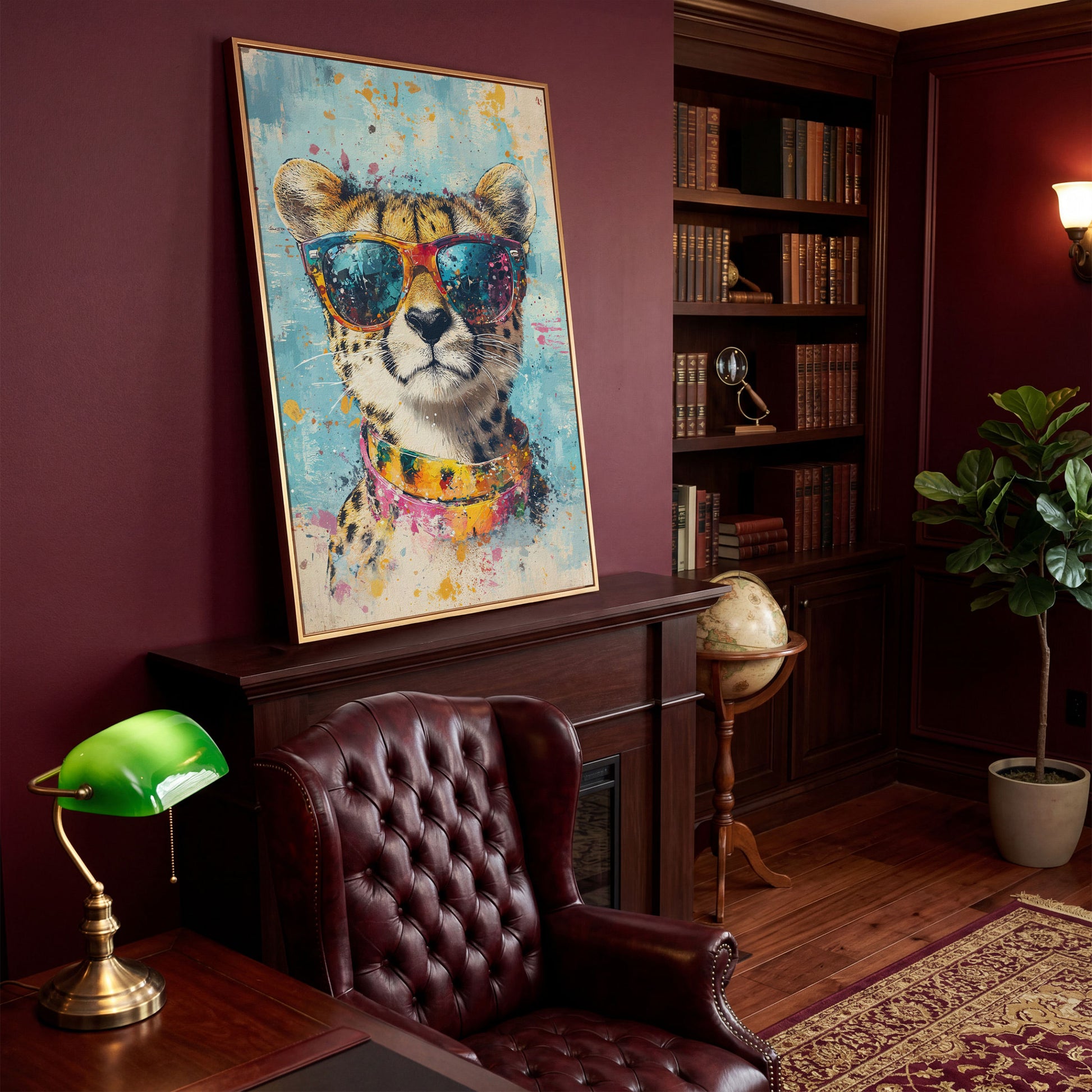 Cheetah in Sunglasses Canvas Print in antique gold floating frame